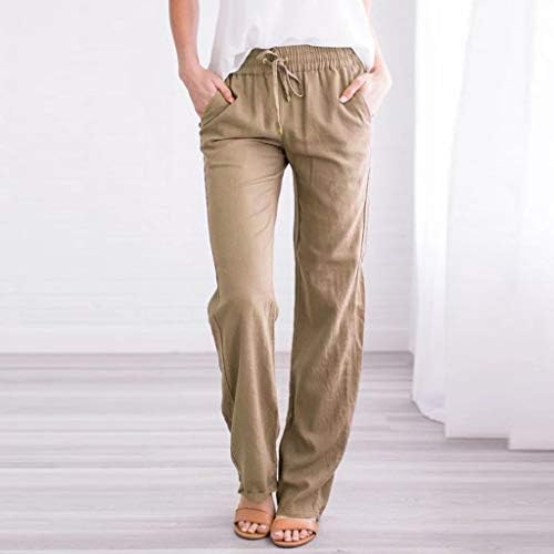 Rahat Yaz Pamuk Keten Pantolon Kadınlar için Geniş Bacak cepli pantolon Baggy Saf Renk Düz Bacak Pantolon plaj pantolonları