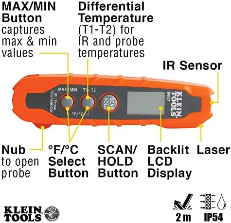 Klein Tools IR07 Çift Kızılötesi (IR) ve Prob Cep Boyutunda LCD Dijital Termometre ve 32613 Çok Uçlu Tornavida, Phillips,