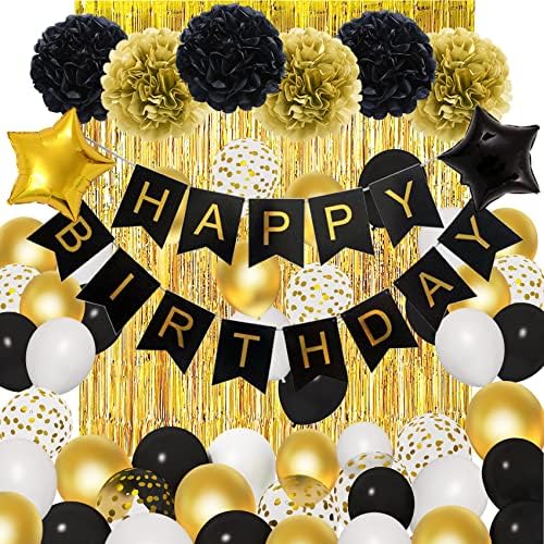 Amandır Siyah Altın Doğum Günü Süslemeleri Erkekler Kadınlar için, Siyah Altın Beyaz Folyo konfeti balonları Mutlu