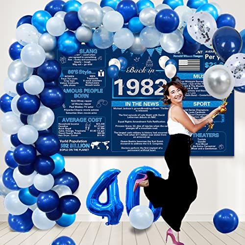 Crenics Mavi Gümüş 40. Doğum Günü Partisi Süslemeleri-1982'de Doğum Günü Afişi, Balon Kemer Çelengi ve 40 Numara Balon
