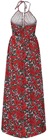 Kadın Kolsuz Halter Boyun Maxi Elbise Vintage Etnik Tarzı Çiçek Baskı Uzun Elbiseler Plaj Flowy Sundress