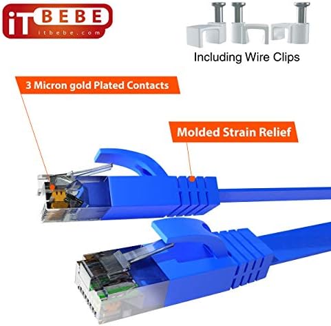 ITBEBE Cat6 Ethernet Kablosu 50 ft, 3 Mikron Altın Kaplama RJ45 Konektörlü ve Takılmaya Dayanıklı Klipsli Mavi Düz