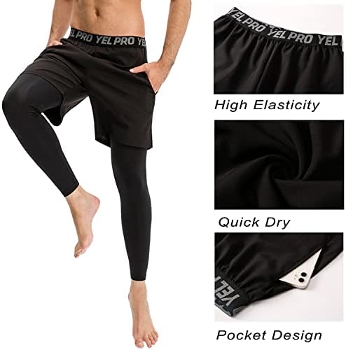 WRAGCFM erkek 2 in 1 Koşu Pantolon Şort Tayt, Egzersiz Sıkıştırma cepli pantolon Erkekler için