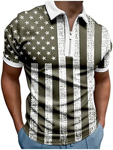DUOWEİ T Shirt Pamuk Erkekler Erkek Yaz Rahat Bağımsızlık Günü Baskı Fermuar Turn Down Yaka Bluz Kısa Kollu Tee gömlek