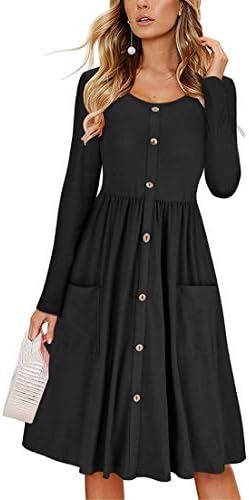 Andongnywell kadın Düz Renk Yuvarlak Boyun Uzun Kollu Elbiseler Casual Düğme Aşağı Midi Elbise Cepler ile