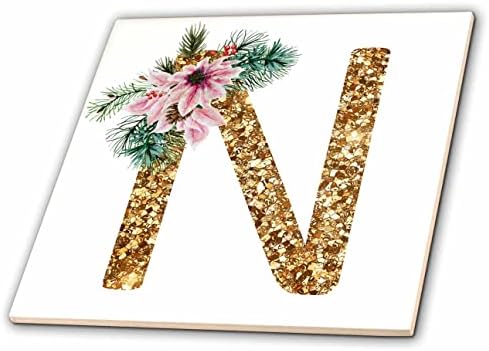 Altın Parıltılı Noel Monogramının 3dRose Pembe Atatürk Çiçeği Görüntüsü İlk N-Fayans (ct-371639-7)