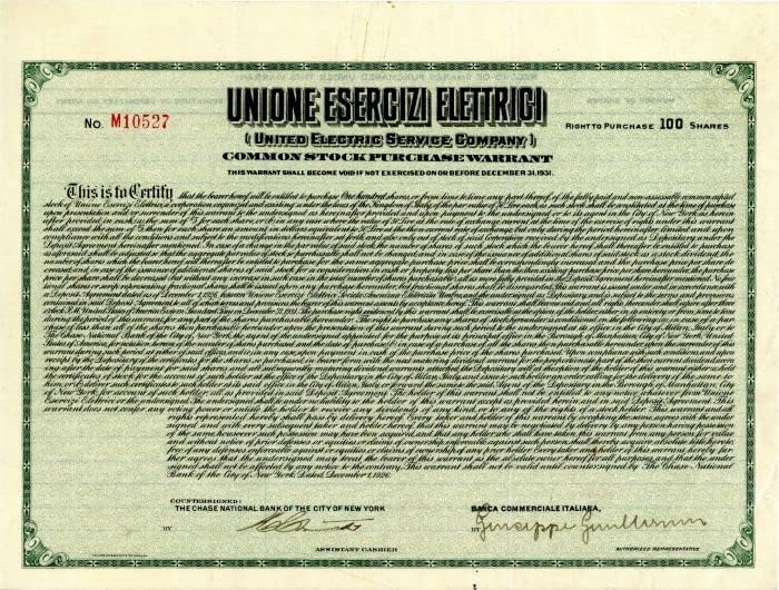 Unione Esercizi Elettrici (United Electric Service Company) - Stok Sertifikası