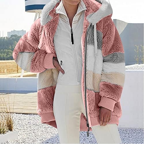 HUANKD kadın Bulanık Polar Ceket Fermuar Uzun Kollu Dikiş Sıcak Kazak Tops Ceket Kış Kabarık Ceketler