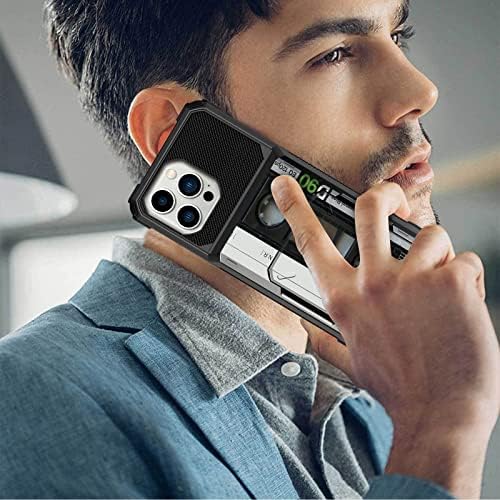 FUYOCWE iPhone 14 Pro Max Cüzdan Kılıf 5-Kart Tutucu Kapak Çevirin Eski Kaset Teyp Tasarımı, çift Katmanlı Zırh KİMLİK