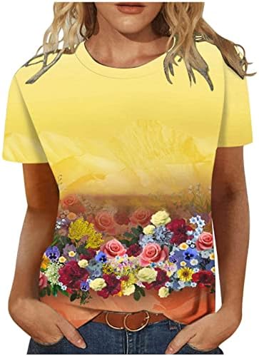 Bayan Ekip boyun Üstleri Çiçek Baskı kısa kollu tişörtler Retro Sevimli yaz kıyafetleri Gevşek Fit Düzenli Fit Tops