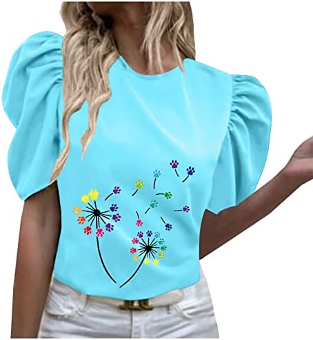 Kadınlar 2023 Yaz Üstleri Crewneck Önlüklü Puf Kollu Gömlek Moda Baskı Sevimli Tees Gevşek Casual Tunik Bluz