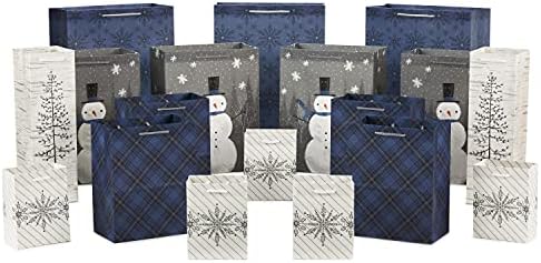 Hallmark Mavi ve Gümüş Toplu Noel Hediye Çantaları Çeşitli Boyutlarda (18 Hediye Çantası: 5 Küçük 5, 4 Orta 8, 4 Büyük