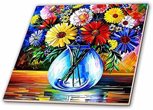 Bahçe masasında bir cam vazoda 3dRose Şenlikli rengarenk çiçekler hediye-Fayans (ct-374992-4)
