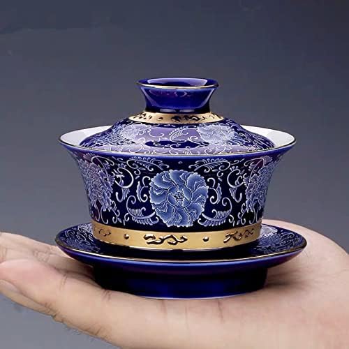 GOHQ Çin Seramik Kung Fu Çay Seti 9, astar Kakma Gümüş Porselen Çay Bardağı ve Tabağı kapaklı, çin Geleneksel Gaiwan