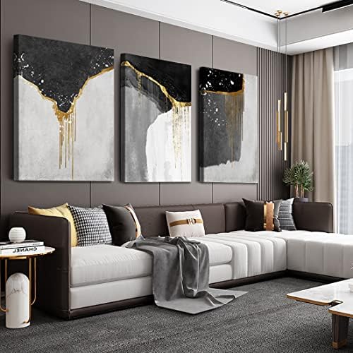 Loomarte 3 Parça Soyut Duvar Sanatı Siyah ve Beyaz Duvar Dekor Modern Çerçeveli Siyah Altın Gri Yatak Odası Boho Resimleri