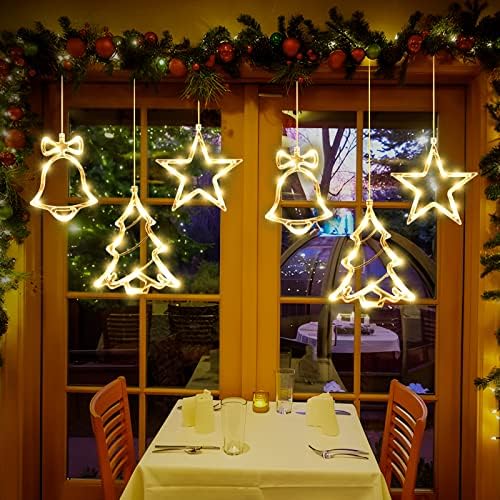 LYUBASA 3 Adet noel pencere ışıkları süslemeleri, akülü Noel pencere asılı sıcak beyaz ışıklı ağaç çan yıldız şekilli