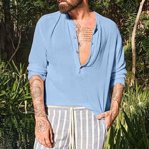 Erkek Rahat Henley Gömlek Uzun Kollu Düz Renk Plaj T Shirt Hippi Yoga Yaz Üst
