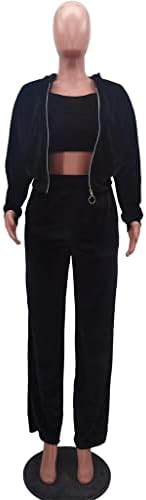 JYDBRT Üst Spor Flare pantolon seti Kadife Spor 3 Parça Sokak Giyim Uzun Kollu Fermuarlı Ceket Ceket Göbek (Renk: