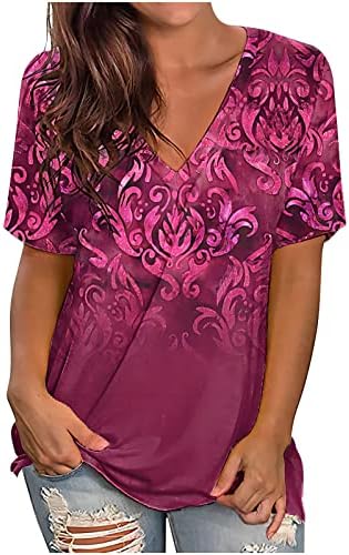 MRGİİNRİ Bayan Yaz Üstleri 2023 Şık Rahat V Boyun Çiçek Baskı T Shirt Moda Kısa Kollu Gevşek Gömme Tunik Bluz