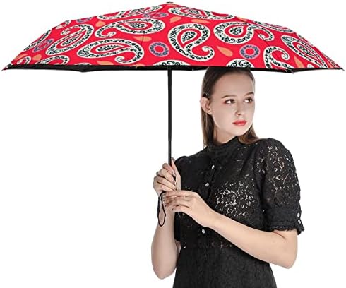 Kırmızı Paisley Desen 3 Kat Seyahat Şemsiye Anti-Uv Rüzgar Geçirmez Şemsiye Moda Otomatik Açık Şemsiye