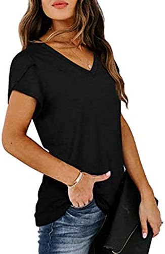 lczıwo Yaz Bluzlar Kadınlar için Katı Petal Kısa Kollu V Boyun Gevşek Fit Günlük Temel T-Shirt Tunik Üstleri