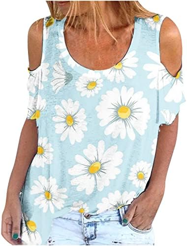 Moda Soğuk Omuz Kadınlar için Tops Yaz Çiçek Baskılı T-Shirt Üst Gevşek Kısa Kollu Tunik Tees Scoop Boyun Bluz