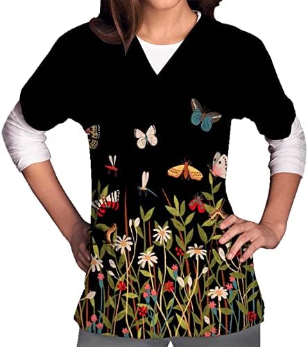 Gömlek Seti Kadın Gevşek Fit Tops Kadınlar için Yaz Kısa Kollu Üstleri Rahat Çiçek Baskı İş Giysisi V Boyun Cepler