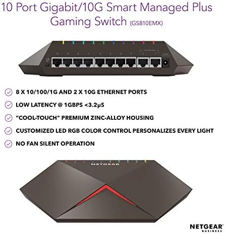 NETGEAR GS810EMX Nighthawk Pro Oyun SX10 Gigabit Ethernet 8 Port Anahtarı ile 2X10G / Çok Konser Uplink, Siyah