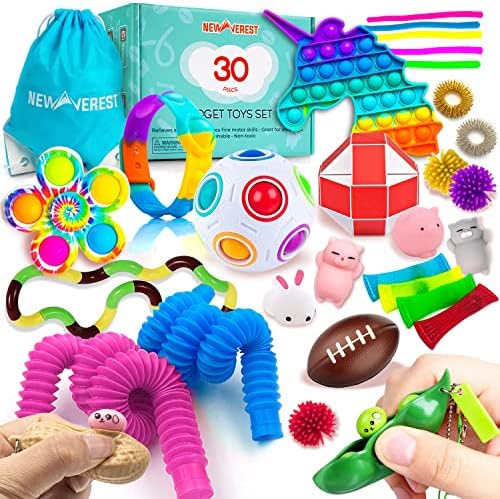 Newverest Duyusal stres oyuncakları Set - 30 Paket - Push Pop It, Fidget Bubble Push Pop Spinner, Mermer Örgü, Sıkma