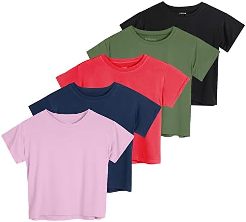 5 Paket: kadın Kuru Fit Kırpma Üst-Kısa Kollu Ekip Boyun Streç Atletik Tişört (Artı Boyutu mevcuttur)