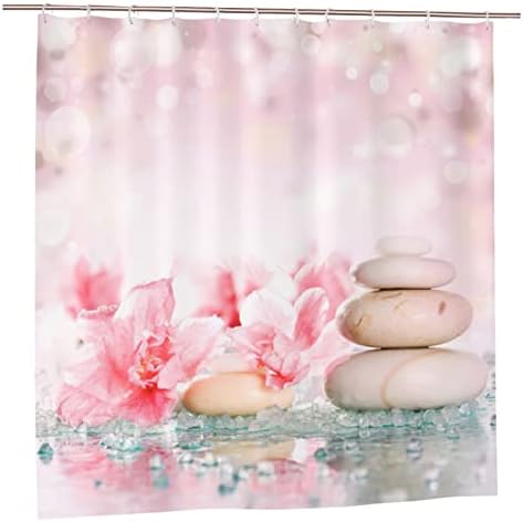 Beynepe Zen Duş Perdesi Pembe Çiçek Taş Spa Bahar Duş Perdesi Pembe Çiçek Rahatlatıcı Meditasyon Banyo Perdesi Ev