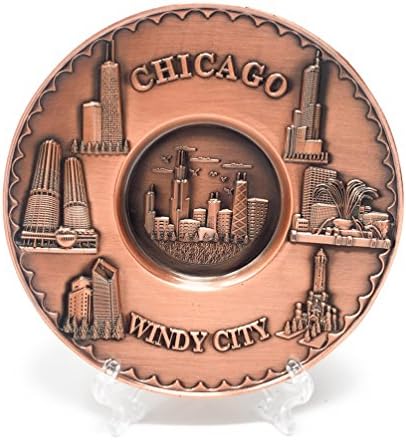 Chicago Hatıra Tabağı Standlı Bakır Tonlu 3D Metal (5 inç). Çap)