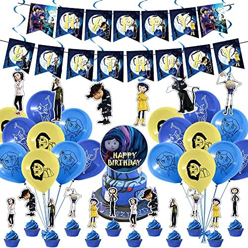 38 Pcs Coraline Tema Doğum Günü Parti Süslemeleri, Parti Kaynağı ile Çocuklar için Set 1 Mutlu Doğum Günü Banner Çelenk,