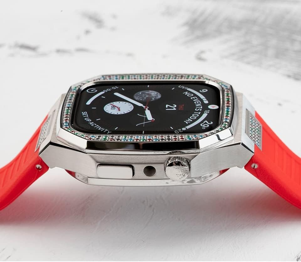 HOUCY Modifikasyon Kiti Metal Kasa+Kauçuk Kayış Apple Ürünü İçin 44mm 45MM Lüks Elmas Paslanmaz Çelik Bilezik iwatch