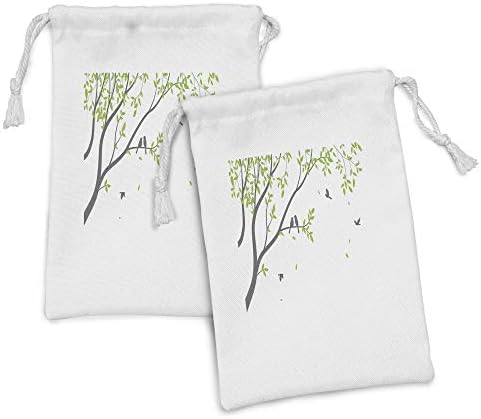 Ambesonne Ağacı Kumaş Kese 2'li Set, Bahar Mevsimi Yaprakları ve Dalda Ürperten Kuşlar, Banyo Malzemeleri Maskeleri