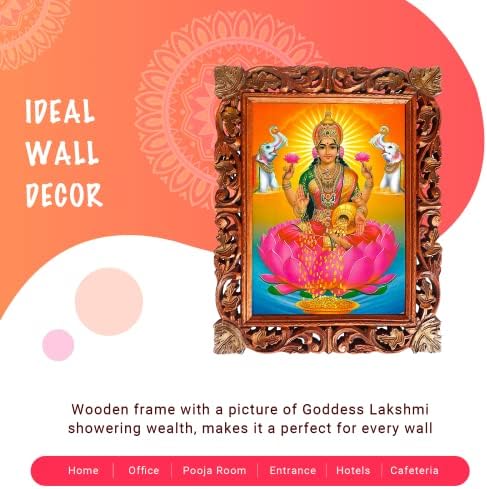 Çerçeveli Tanrıça Laxmi Posteri, Fil Çifti ile Lakshmi Devi Duş Parası ile Manevi Poster, El Yapımı Ahşap Çerçeveli