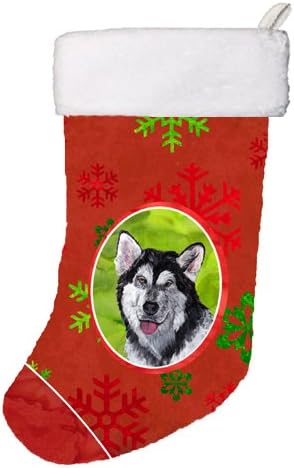 Caroline'ın Hazineleri SC9492-CS Alaskan Malamute Kırmızı Kar Taneleri Tatil Noel Noel Çorap, Şömine Asılı Çorap Noel