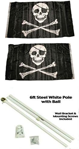 AES Korsan Yama ile 3'x5' Polyester 2 Kat Çift Taraflı Bayrak 6' Beyaz Bayrak Direği Kiti ile Top Topper