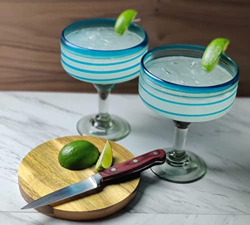 Meksika El Üflemeli Cam-Aqua Spiral Tasarımlı 4 El Üflemeli Margarita Bardağı (16 oz) Seti