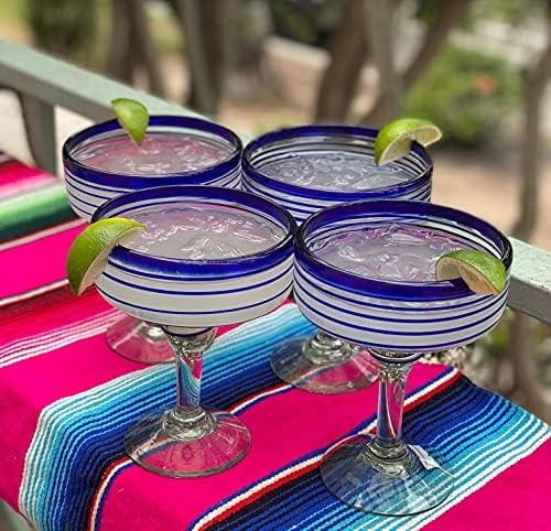 Meksika El Üflemeli Cam-Mavi Spiral Tasarımlı 4 El Üflemeli Margarita Bardağı (16 oz) Seti