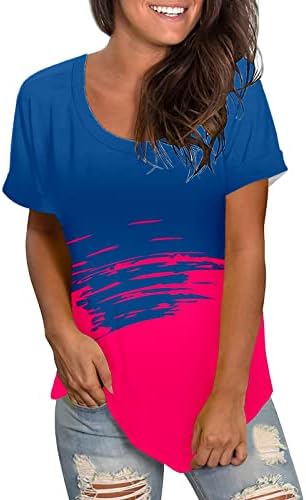 CGGMVCG kadın Üstleri Kadın Rahat Renkli Degrade Baskı Yuvarlak Boyun Kısa Kollu Bağlama bol tişört Üst Bayan T Shirt