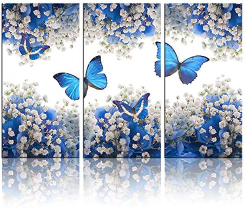 Biuteawal - 3 Panel Tuval Baskı Mavi kelebek duvar Sanatı Çiçek Boyama Tuval üzerine Çağdaş Sanat Ev Oturma Odası