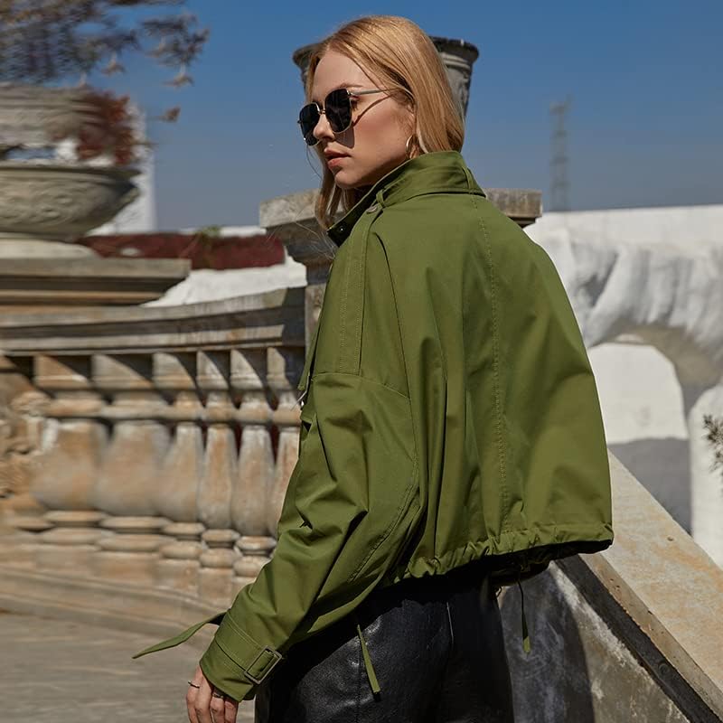 HSQIBAOER kadın ceketi Uzun Kollu Gevşek Rahat Kısa Trençkot Cepler Ayakta Yaka Kadın Giyim Bahar