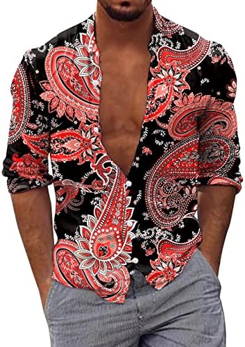 ZDDO Erkek Hawaii Gömlek Uzun Kollu Paisley Boho Baskı Düğme Aşağı Casual Gömlek Yaka Yaka Plaj Aloha Tasarımcı Üstleri
