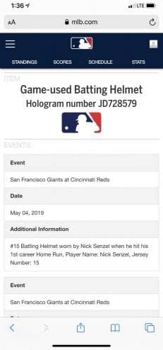 Nick Senzel Cincinnati Reds Oyunu Kask 1. Kariyer İK Kullandı! MLB Auth, Signed-MLB İmzalı Oyun Kullanılmış Kasklar