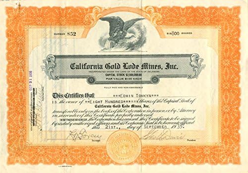 Kaliforniya Altın Madeni Madenleri, Inc. - Stok Sertifikası