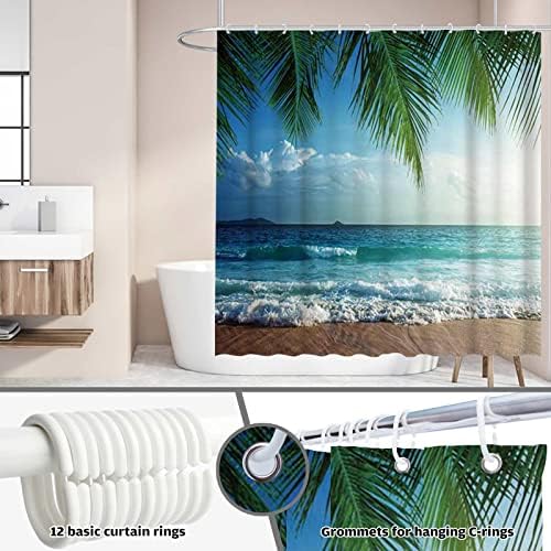 Allenjoy 72x72 Tropikal Plaj Duş banyo perdesi Seti Yaz Palmiye Ağacı Ev Banyo Dekor Ada Deniz Manzarası Dekorasyon