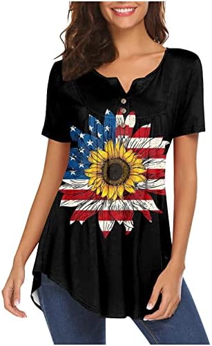 3D Amerikan Bayrağı 4th Temmuz Kadınlar için Üstleri Pilili Vatansever Gömlek Yüksek Düşük Hem Henley Boyun T-Shirt