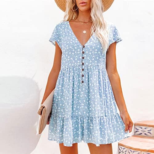 Kadınlar için yaz Günlük Elbiseler Boho Çiçek Cap Sleeve Düğme Aşağı V Boyun Fırfır Flowy Mini Plaj Elbiseleri