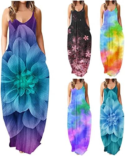 Hot6sl Maxi Elbise Kadınlar için, Artı Boyutu Elbise Kadınlar için 2023 Yaz Elbiseler Cepler Casual Kolsuz Yaz Spagetti